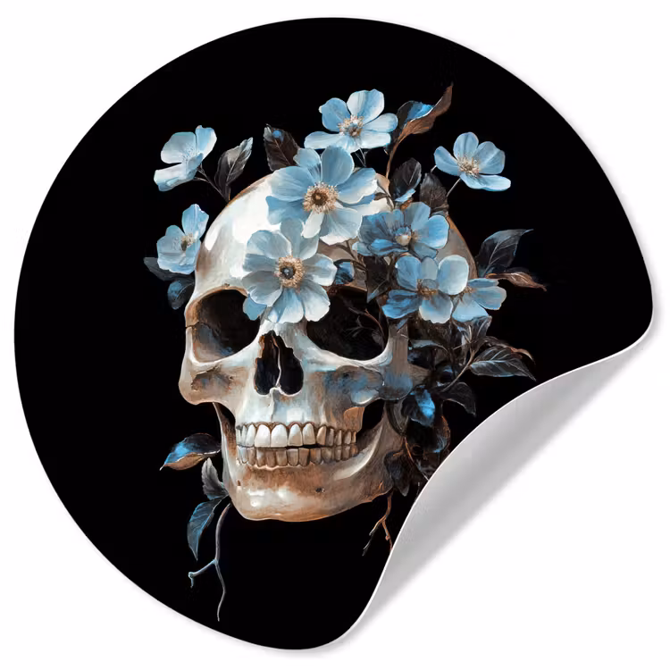 Behangcirkel - Schedel - Blauw - Bloemen - Bladeren — 1