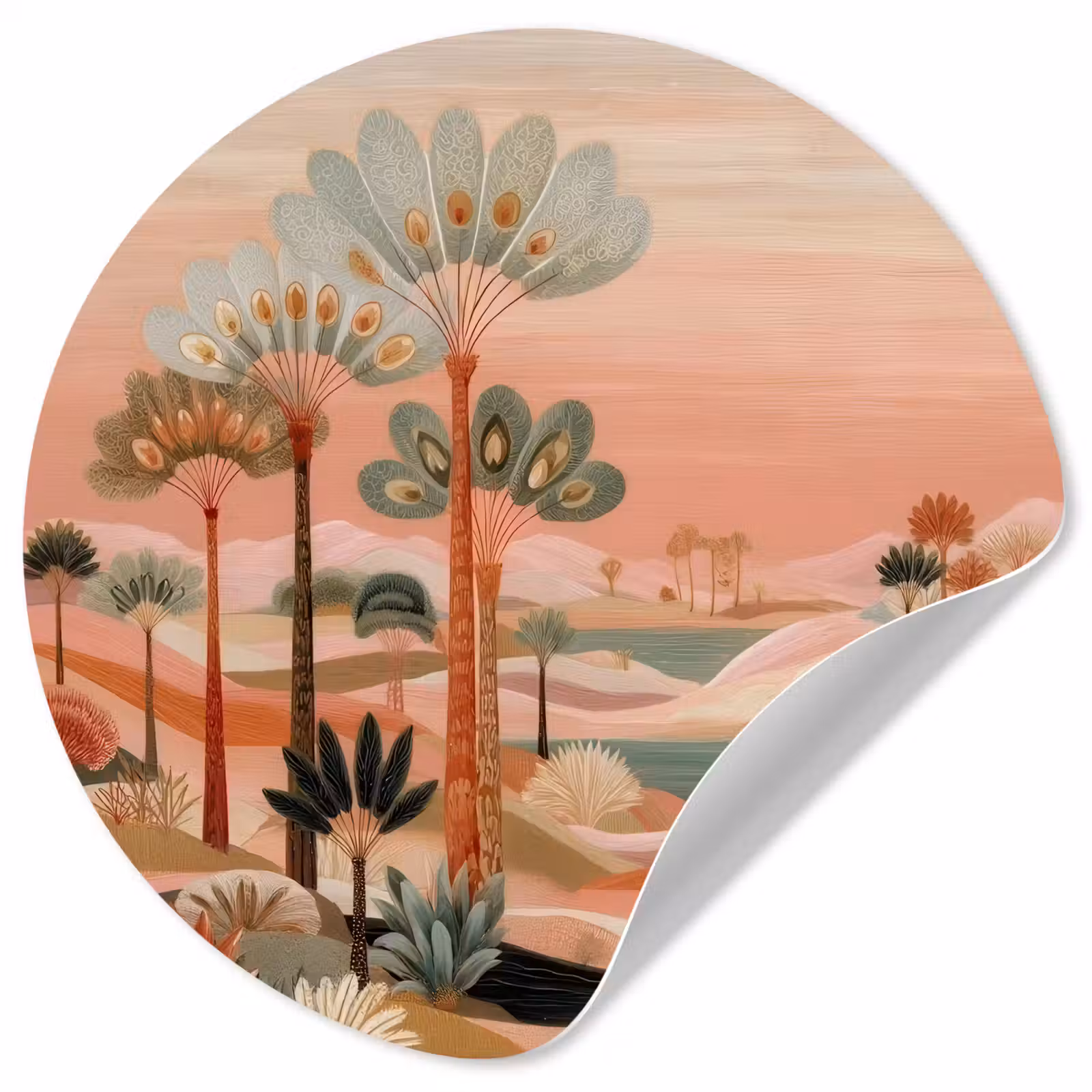 Behangcirkel - Roze landschap - Palmen - Water — 1