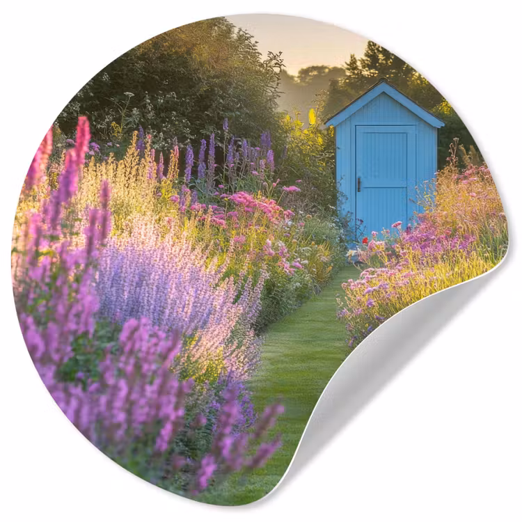 Behangcirkel - Tuinhuisje - Blauw - Bloemen — 1