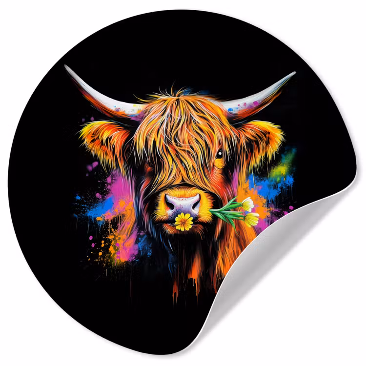 Behangcirkel - Schotse Hooglander - Graffiti - Kleurrijk - Bloem - Dieren — 1