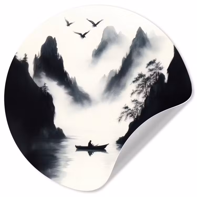 Behangcirkel - Roeiboot - Mistig - Bergen - Vogels — 1