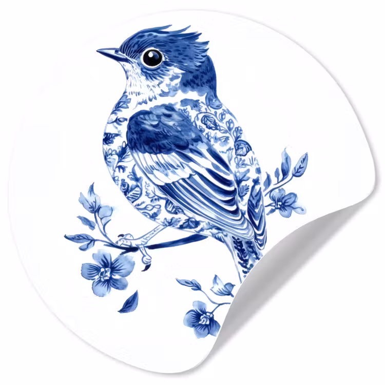 Behangcirkel - Vogel - Delfts blauw - Illustratie - Bloemen — 1