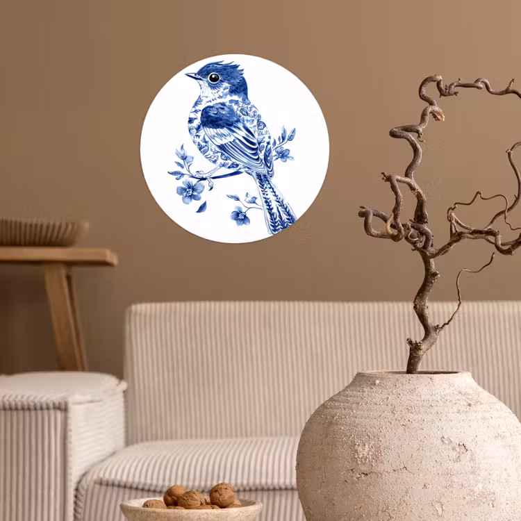 Behangcirkel - Vogel - Delfts blauw - Illustratie - Bloemen — 2