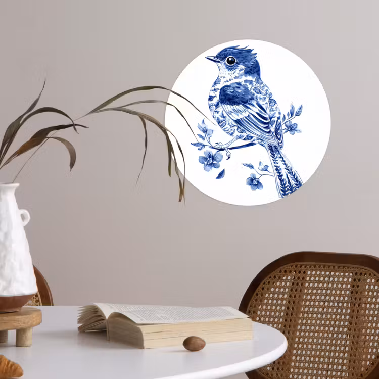 Behangcirkel - Vogel - Delfts blauw - Illustratie - Bloemen — 4