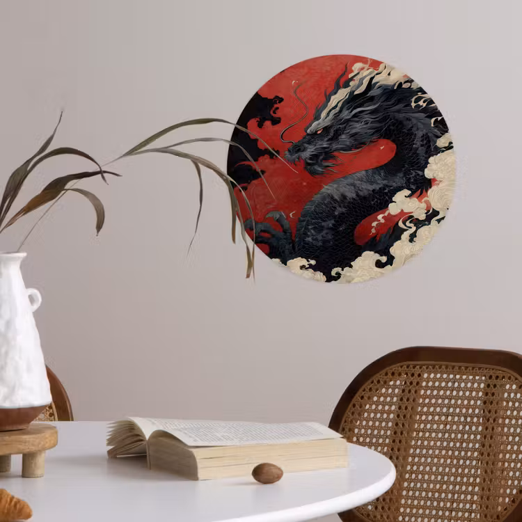 Behangcirkel - Zwarte draak - Rookwolken - Rood — 4