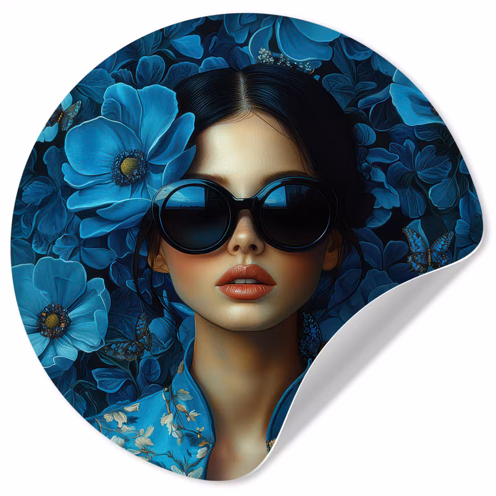 Behangcirkel - Vrouw - Bloemen - Blauw - Aesthetic - Luxe — 1