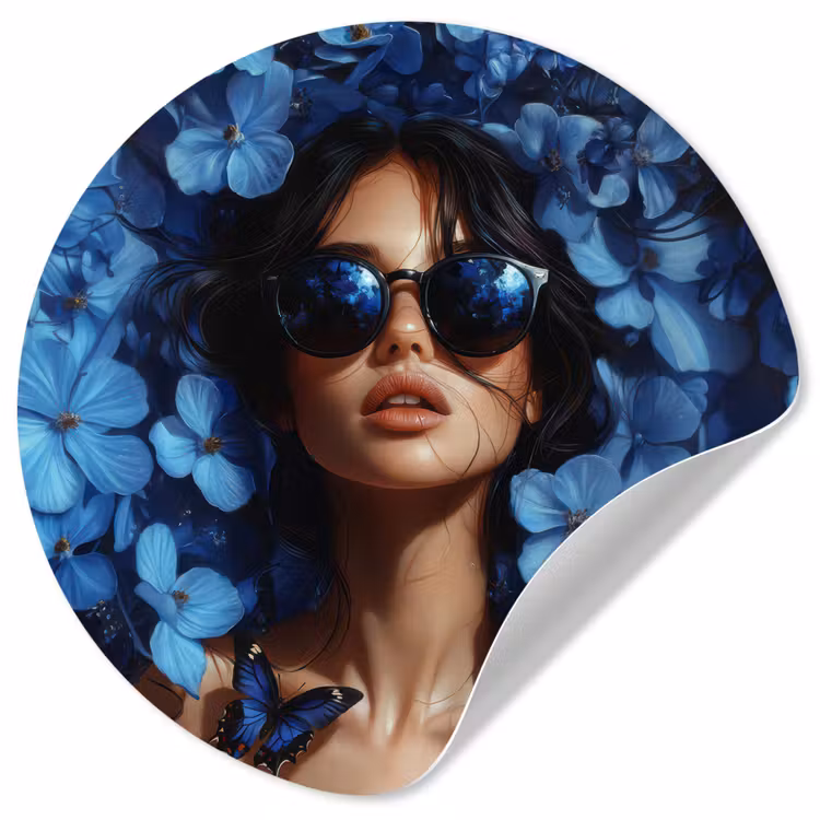 Behangcirkel - Vrouw - Blauw - Bloemen - Vlinders - Natuur — 1