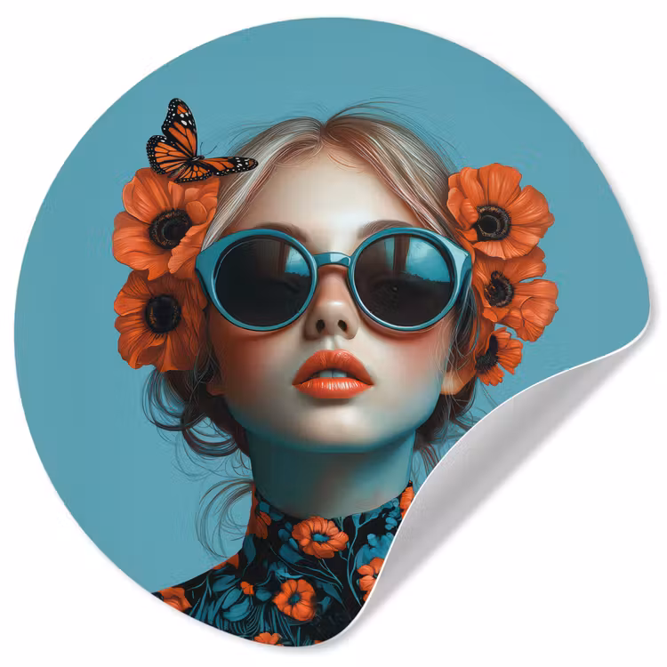 Behangcirkel - Vrouw - Blauw - Vlinder - Bloemen - Aesthetic — 1