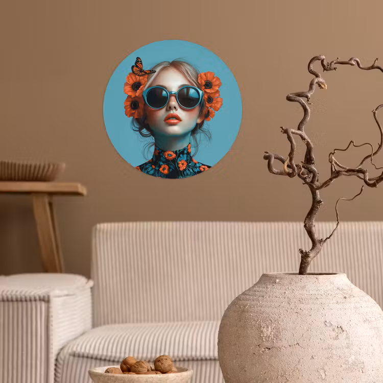 Behangcirkel - Vrouw - Blauw - Vlinder - Bloemen - Aesthetic — 2