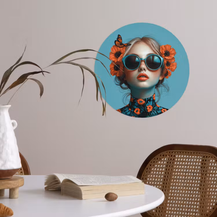 Behangcirkel - Vrouw - Blauw - Vlinder - Bloemen - Aesthetic — 4