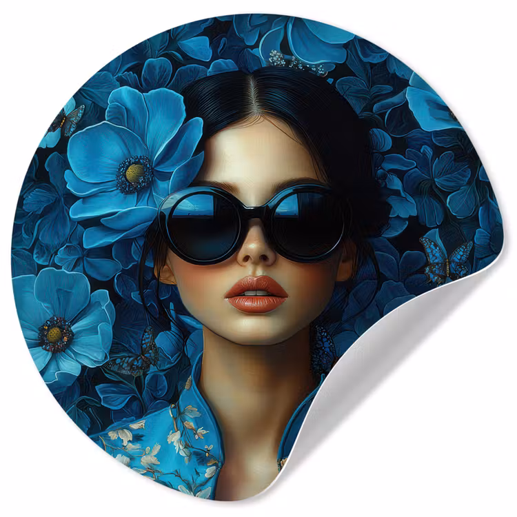 Behangcirkel - Vrouw - Bloemen - Blauw - Aesthetic - Luxe — 1
