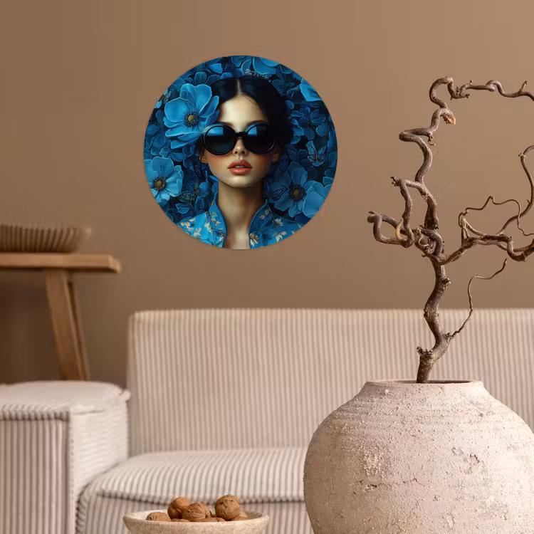 Behangcirkel - Vrouw - Bloemen - Blauw - Aesthetic - Luxe — 2
