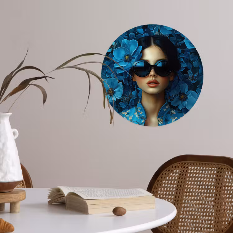 Behangcirkel - Vrouw - Bloemen - Blauw - Aesthetic - Luxe — 4