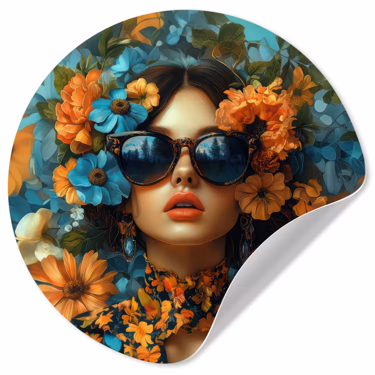Behangcirkel - Vrouw - Bloemen - Oranje - Blauw - Modern — 1