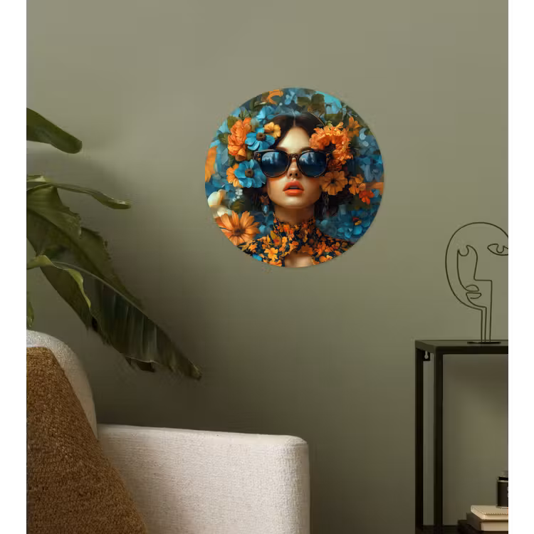 Behangcirkel - Vrouw - Bloemen - Oranje - Blauw - Modern — 3