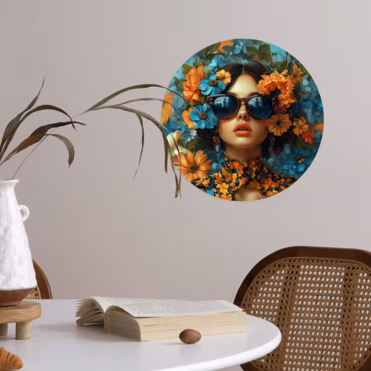 Behangcirkel - Vrouw - Bloemen - Oranje - Blauw - Modern — 4