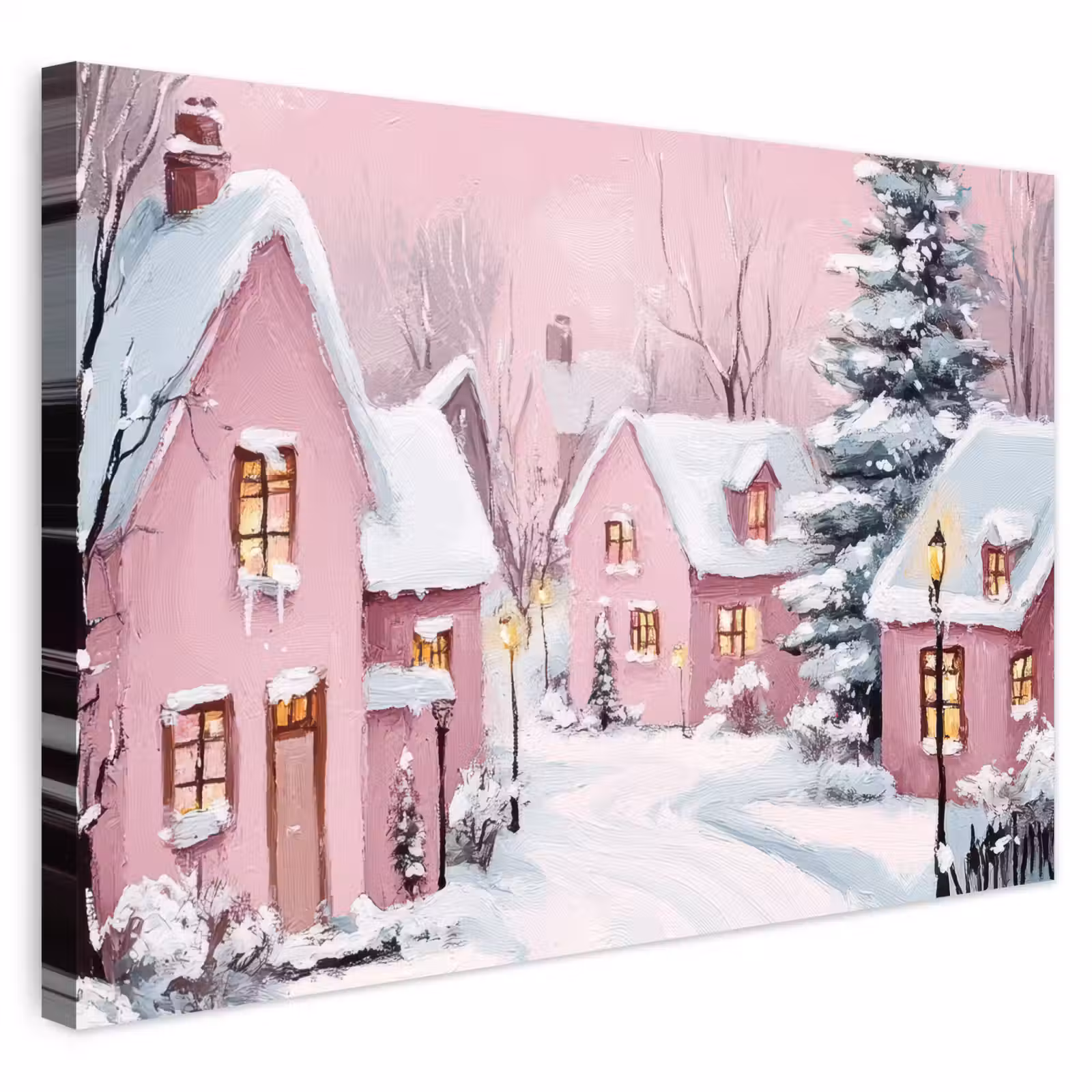 Buiten canvas - Kerstdorp - Roze - Winter - Sneeuw - Huizen — 1