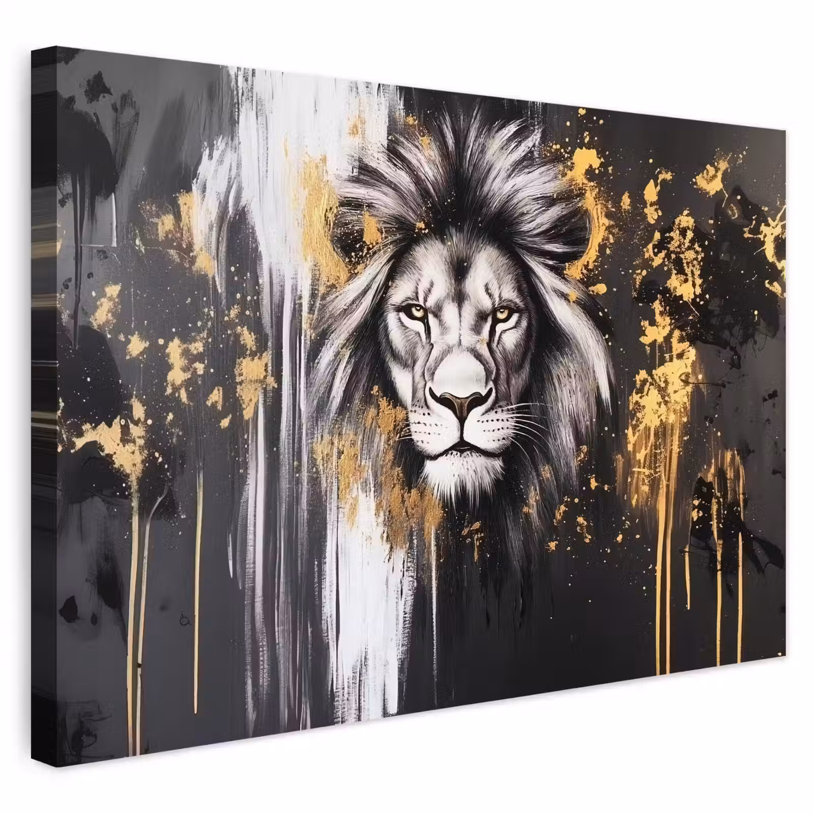 Buiten canvas - Leeuw - Portret - Verfspatten - Grijs — 1