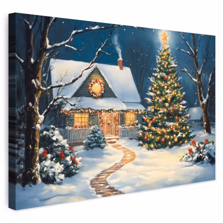 Buiten canvas - Kerst - Kerstboom - Winter - Huis - Sneeuw — 1