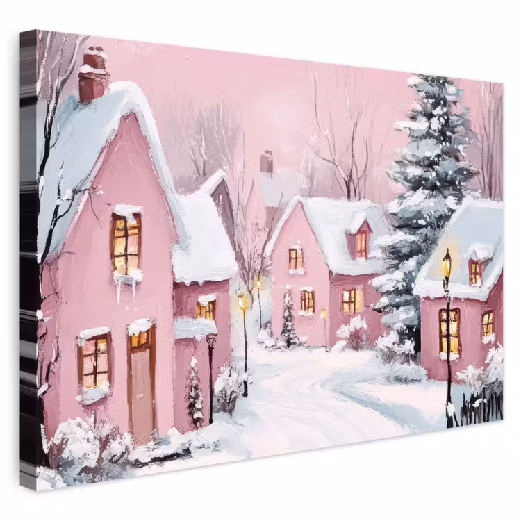 Buiten canvas - Kerstdorp - Roze - Winter - Sneeuw - Huizen — 1