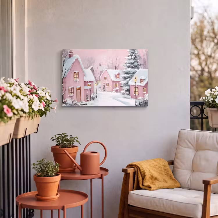 Buiten canvas - Kerstdorp - Roze - Winter - Sneeuw - Huizen — 4