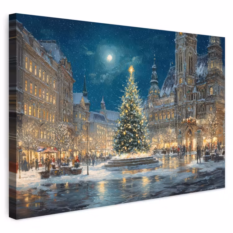 Buiten canvas - Kerstnacht - Stadsplein - Meerkleurig — 1