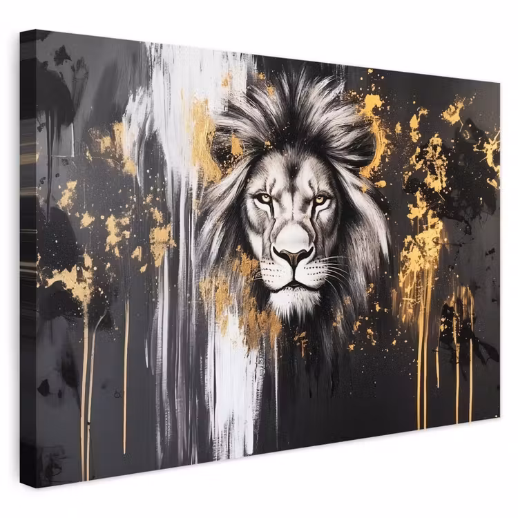 Buiten canvas - Leeuw - Portret - Verfspatten - Grijs — 1