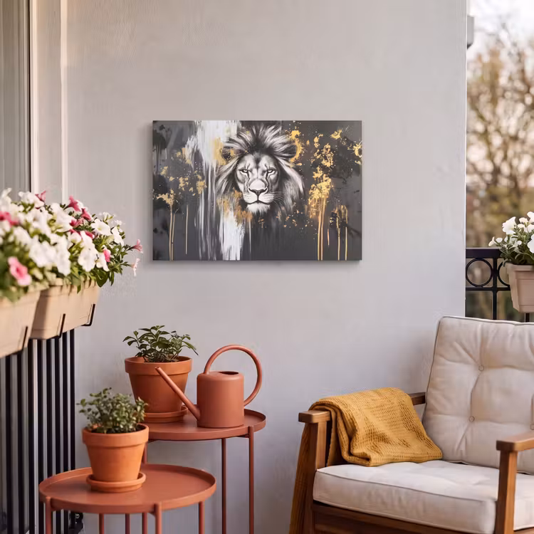Buiten canvas - Leeuw - Portret - Verfspatten - Grijs — 4