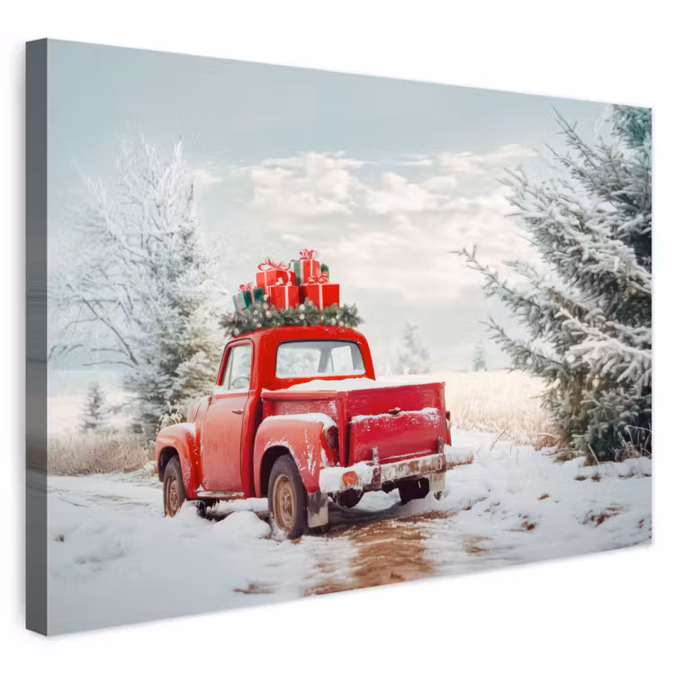 Buiten canvas - Auto - Rood - Cadeaus - Winter - Sneeuw - Kerst — 1