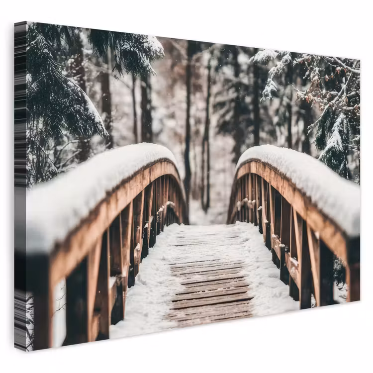 Buiten canvas - Brug - Winterlandschap - Bos - Natuur - Sneeuw — 1