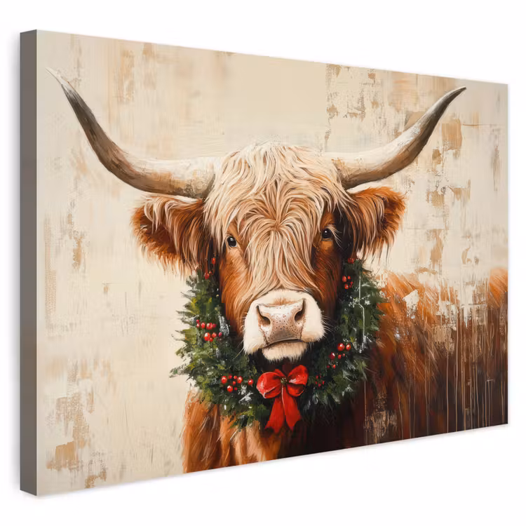 Buiten canvas - Kerst - Schotse Hooglander - Bruin - Krans — 1