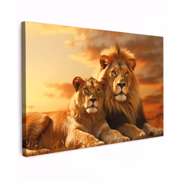 Buiten canvas - Leeuwenpaar bij zonsondergang — 1