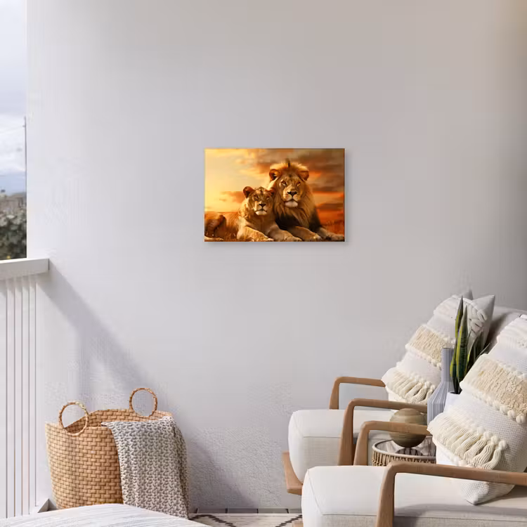 Buiten canvas - Leeuwenpaar bij zonsondergang — 4