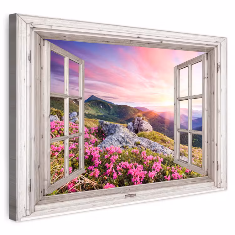 Buiten canvas - Bergen - Landschap - Doorkijk - Bloemen - Avond - Roze — 1
