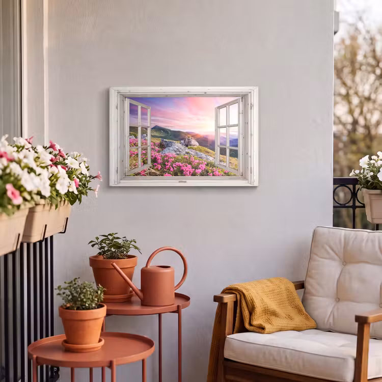 Buiten canvas - Bergen - Landschap - Doorkijk - Bloemen - Avond - Roze — 3
