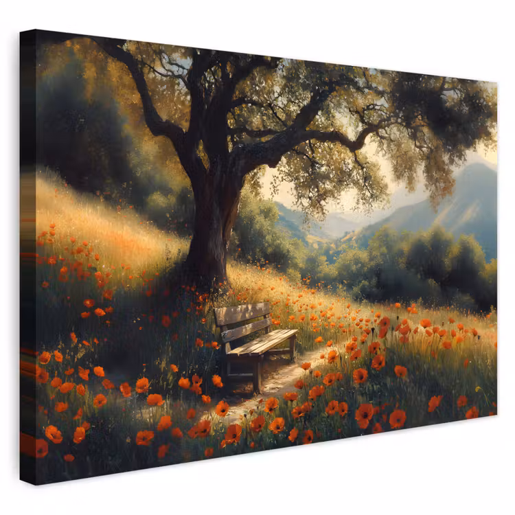 Buiten canvas - Bankje - Boom - Klaprozen - Heuvels — 1