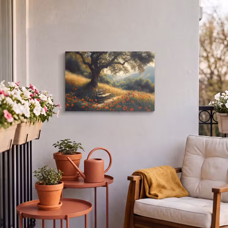 Buiten canvas - Bankje - Boom - Klaprozen - Heuvels — 3