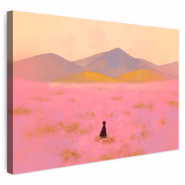 Buiten canvas - Bloemenweide - Heuvels - Silhouet - Roze — 1