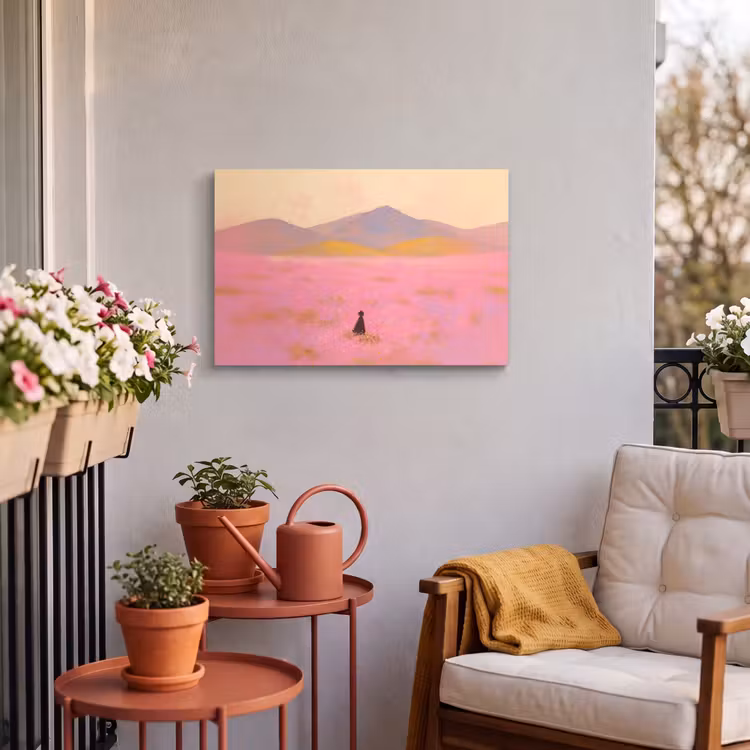 Buiten canvas - Bloemenweide - Heuvels - Silhouet - Roze — 3