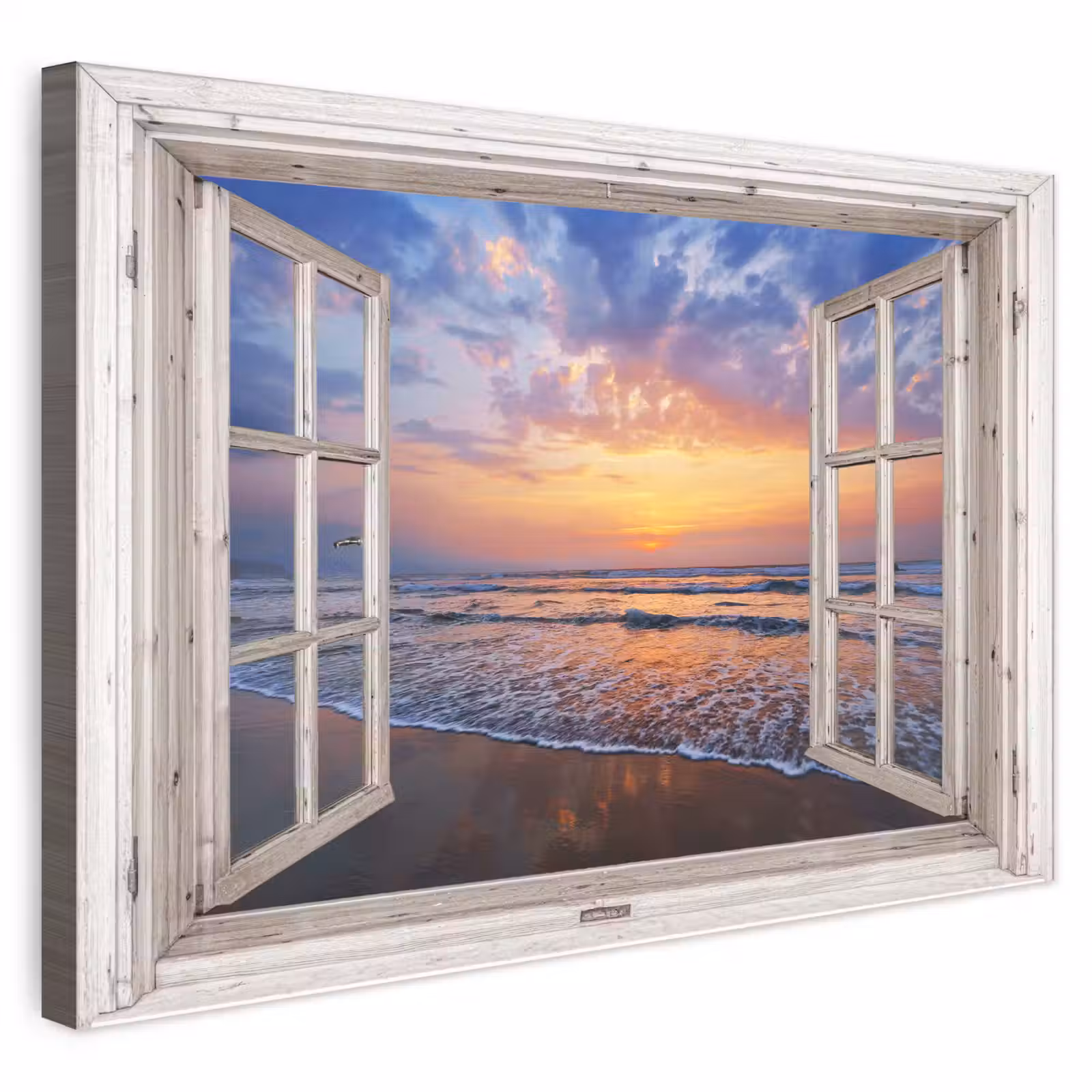 Buiten canvas - Doorkijk - Zee - Strand - Zonsondergang - Blauw — 1