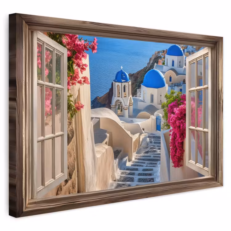 Buiten canvas - Doorkijk - Santorini - Landschap - Blauw - Grieks — 1