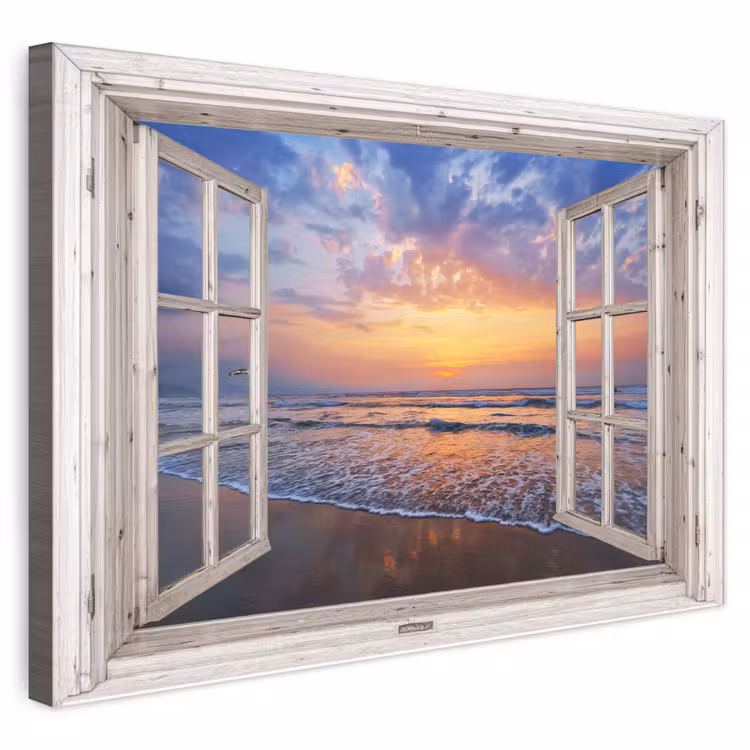 Buiten canvas - Doorkijk - Zee - Strand - Zonsondergang - Blauw — 1