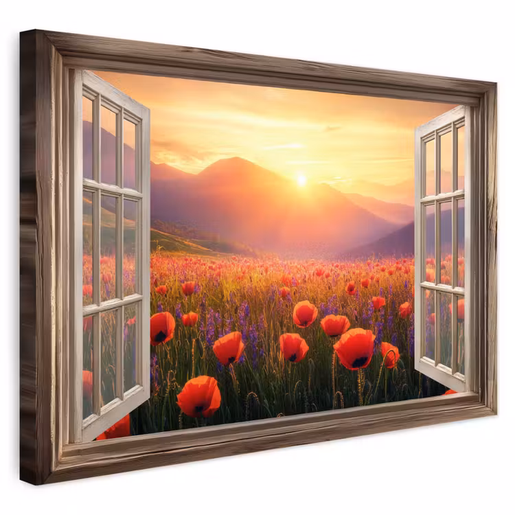 Buiten canvas - Doorkijk - Klaprozen - Bloemen - Rood - Open raam — 1