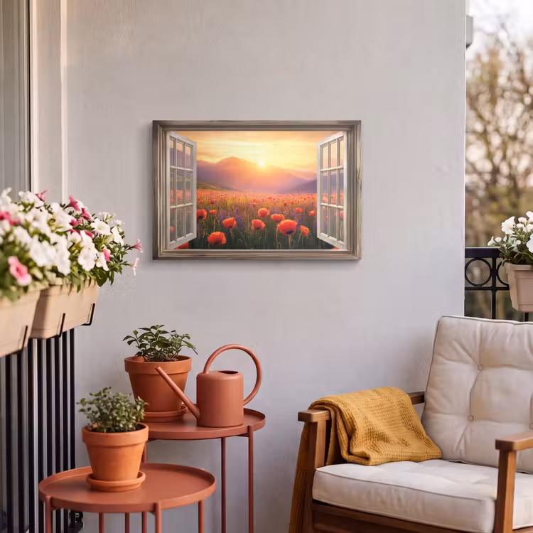 Buiten canvas - Doorkijk - Klaprozen - Bloemen - Rood - Open raam — 4