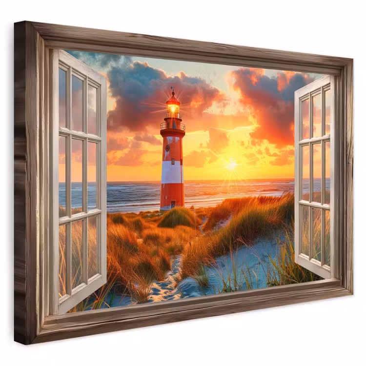 Buiten canvas - Doorkijk - Raam - Vuurtoren - Zonsondergang - Strand — 1