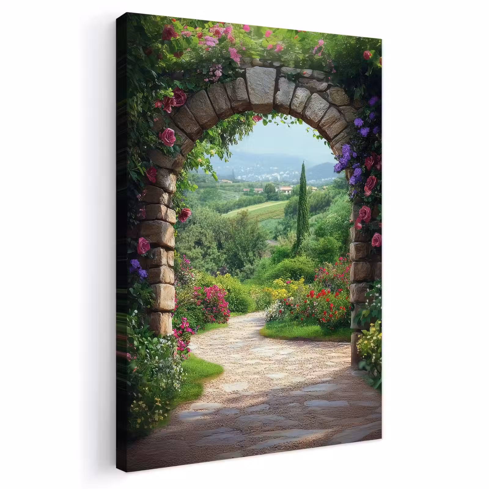 Buiten canvas - Doorkijk - Landschap - Bloemen - Pad - Uitzicht — 1