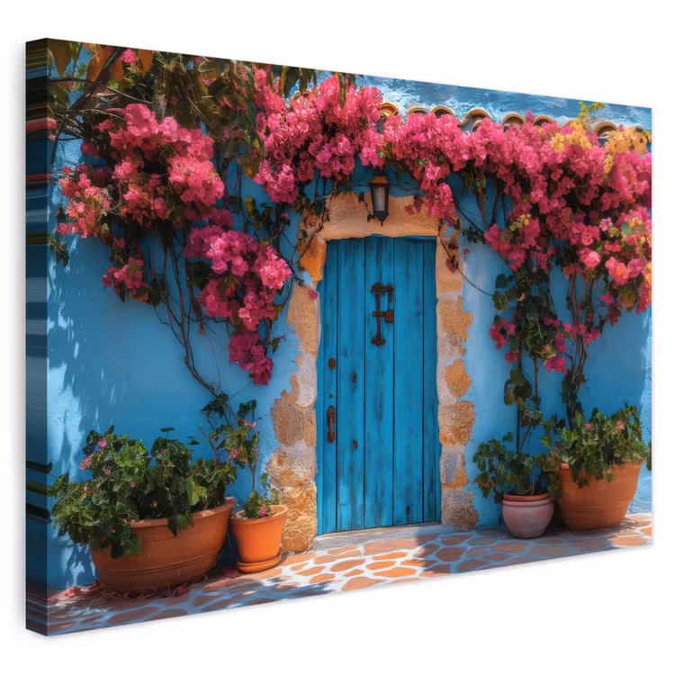 Buiten canvas - Deur - Hout - Bloemen - Blauw — 1