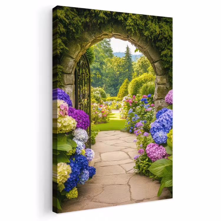 Buiten canvas - Doorkijk - Poort - Hortensia - Bloementuin — 1