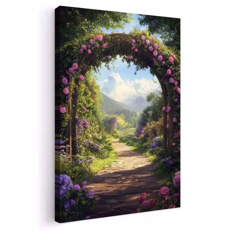 Buiten canvas - Doorkijk - Rozenboog - Uitzicht - Landschap - Bloemen — 1