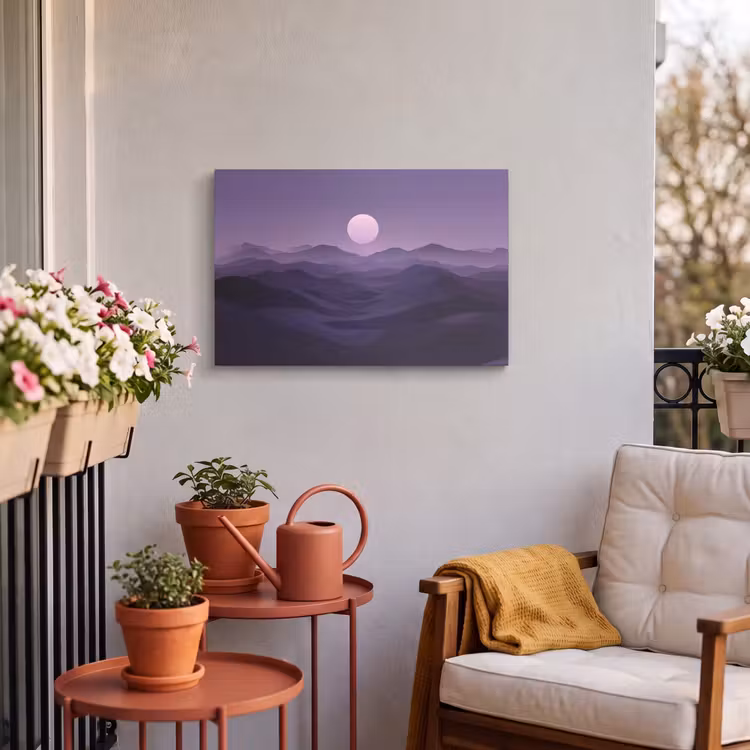 Buiten canvas - Heuvels - Paars - Mist - Zon — 4